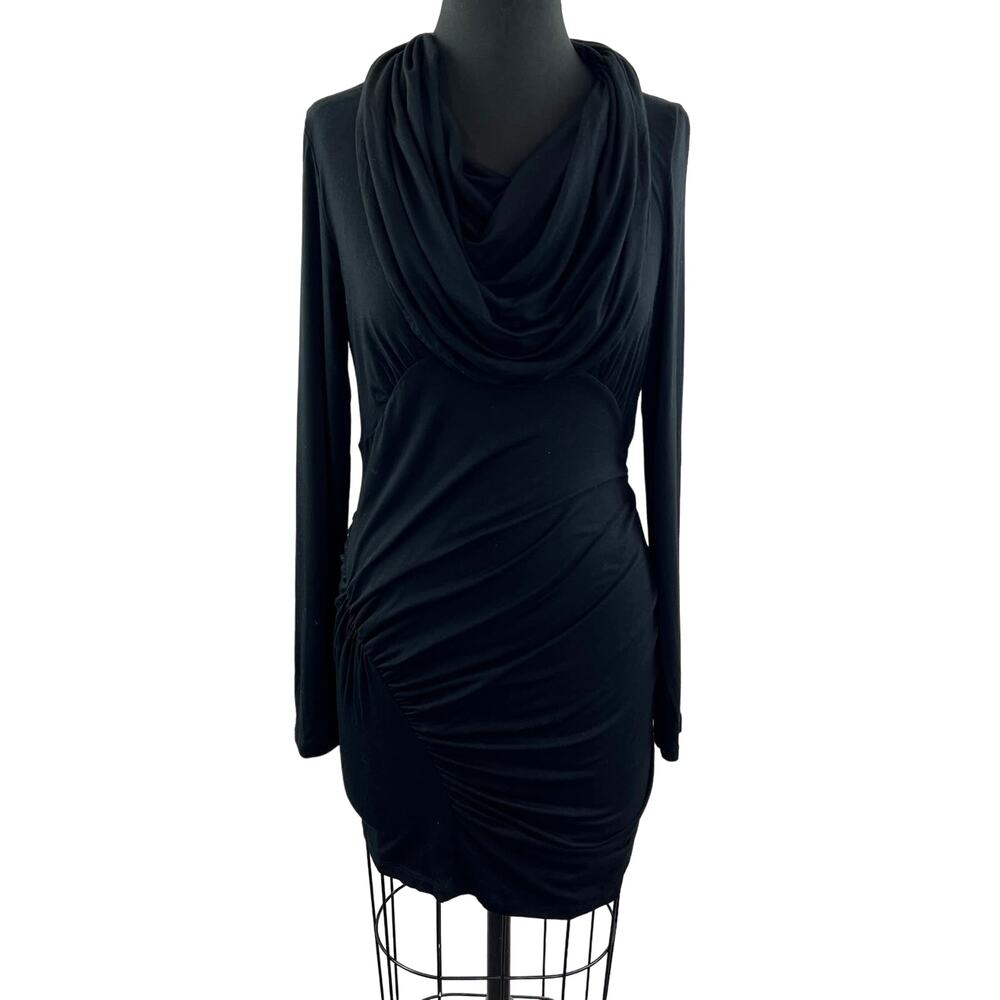 CAVI Womens Black Cowl Neck Long Sleeve Ruched Bodycon Mini Dress Size M